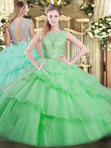 Apple Green Quinceanera Gown Military Ball and Sweet 16 and Quinceanera with Beading and Ruffled Layers Scoop Sleeveless Backless