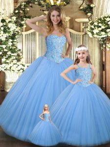 Fabulous Floor Length Baby Blue Sweet 16 Dresses Tulle Sleeveless Beading