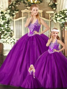 Purple Sleeveless Floor Length Beading Lace Up Ball Gown Prom Dress