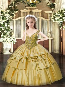 Enchanting Gold Lace Up V-neck Beading and Ruffled Layers Little Girl Pageant Gowns Organza Sleeveless