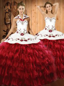 Glamorous Wine Red Halter Top Neckline Embroidery and Ruffled Layers Quinceanera Gowns Sleeveless Lace Up