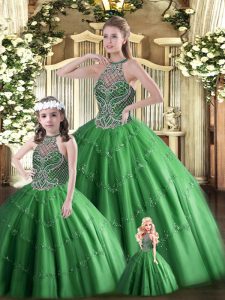 On Sale Sleeveless Tulle Floor Length Lace Up 15 Quinceanera Dress in Dark Green with Beading