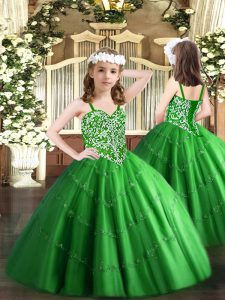 Elegant Green Lace Up Little Girl Pageant Gowns Beading and Appliques Sleeveless Floor Length