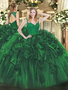 Dark Green Quinceanera Dresses Military Ball and Sweet 16 and Quinceanera with Beading and Lace and Ruffles V-neck Sleeveless Backless