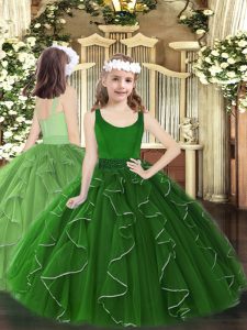 Fashion Floor Length Dark Green Child Pageant Dress Organza Sleeveless Beading and Ruffles