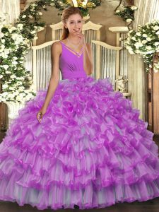 Ball Gowns Quinceanera Dresses Lilac V-neck Organza Sleeveless Floor Length Backless