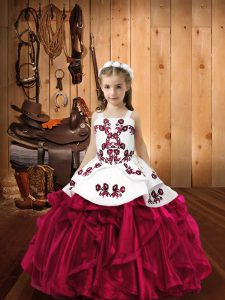 Inexpensive Fuchsia Lace Up Straps Embroidery and Ruffles Little Girls Pageant Dress Organza Sleeveless