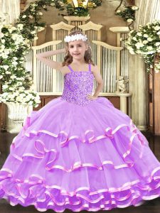 Perfect Straps Sleeveless Little Girls Pageant Gowns Floor Length Beading and Ruffled Layers Lilac Organza