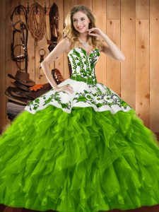 Sweetheart Sleeveless Ball Gown Prom Dress Floor Length Embroidery and Ruffles Satin and Organza