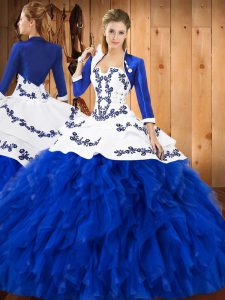 Best Selling Blue And White Lace Up Quinceanera Gowns Embroidery and Ruffles Sleeveless Floor Length