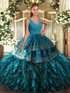 Glittering Organza V-neck Sleeveless Side Zipper Beading and Appliques and Ruffles Sweet 16 Dress in Blue