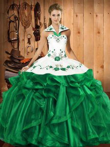 Floor Length Green Quinceanera Gown Satin and Organza Sleeveless Embroidery and Ruffles