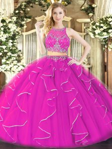 Custom Fit Floor Length Fuchsia 15th Birthday Dress Organza Sleeveless Ruffles