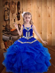 Royal Blue Organza Lace Up Straps Sleeveless Floor Length Pageant Gowns For Girls Embroidery and Ruffles