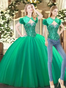 Green Sleeveless Beading Floor Length 15 Quinceanera Dress