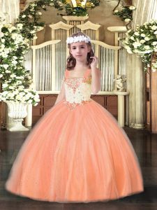 Orange Red Sleeveless Floor Length Beading Lace Up Glitz Pageant Dress