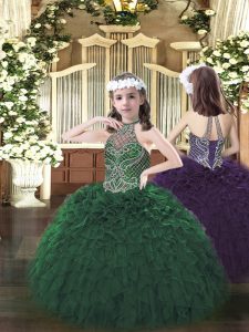 Floor Length Dark Green Little Girls Pageant Dress Halter Top Sleeveless Lace Up