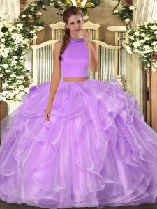 Lilac Halter Top Backless Beading and Ruffles 15th Birthday Dress Sleeveless