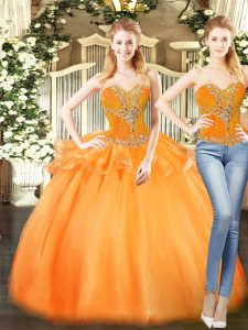 Pretty Organza Sweetheart Sleeveless Lace Up Beading and Ruffles Quinceanera Gown in Orange Red