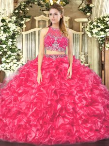 Coral Red Sleeveless Beading and Ruffles Floor Length Sweet 16 Dresses