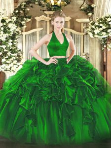 Flirting Green Zipper Halter Top Ruffles 15th Birthday Dress Organza Sleeveless