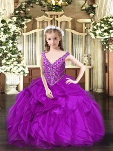 V-neck Sleeveless Lace Up Little Girls Pageant Gowns Purple Organza