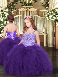 Latest Purple Lace Up Spaghetti Straps Appliques and Ruffles Girls Pageant Dresses Tulle Sleeveless