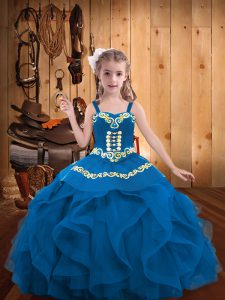 Blue Organza Lace Up Kids Formal Wear Sleeveless Floor Length Embroidery and Ruffles