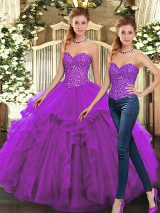 Purple Lace Up Sweetheart Beading and Ruffles Vestidos de Quinceanera Organza Sleeveless