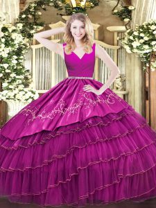 Decent Fuchsia V-neck Zipper Embroidery and Ruffled Layers Ball Gown Prom Dress Sleeveless