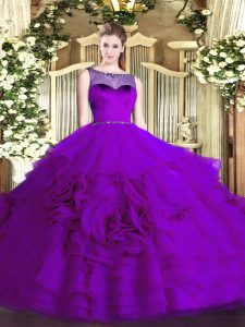 Eggplant Purple Zipper Quinceanera Gowns Beading and Ruffled Layers Sleeveless Floor Length