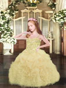 Most Popular Champagne Ball Gowns Appliques and Ruffles and Pick Ups Little Girls Pageant Dress Wholesale Lace Up Organza Sleeveless Asymmetrical