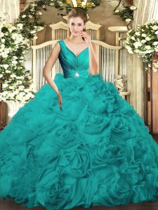 Turquoise Fabric With Rolling Flowers Backless V-neck Sleeveless Floor Length Quinceanera Dresses Beading and Ruching