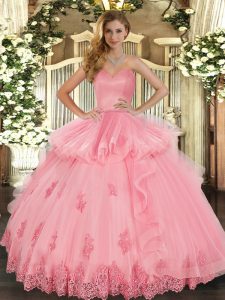 Watermelon Red Sleeveless Tulle Lace Up 15 Quinceanera Dress for Military Ball and Sweet 16 and Quinceanera