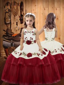 Straps Sleeveless Kids Formal Wear Floor Length Embroidery and Ruffled Layers Wine Red Organza