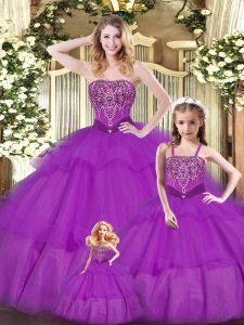 Inexpensive Purple Ball Gowns Sweetheart Sleeveless Organza Floor Length Lace Up Ruffled Layers 15th Birthday Dress