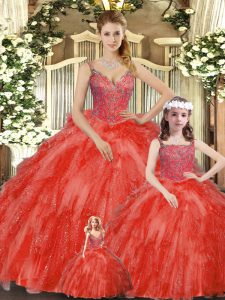 Floor Length Red Sweet 16 Dresses Straps Sleeveless Lace Up