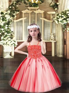 Coral Red Tulle Lace Up Girls Pageant Dresses Sleeveless Floor Length Beading