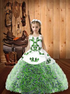 Fabric With Rolling Flowers Straps Sleeveless Lace Up Embroidery and Ruffles Little Girl Pageant Gowns in Multi-color