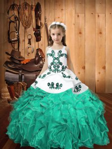 Straps Sleeveless Winning Pageant Gowns Floor Length Embroidery and Ruffles Turquoise Organza