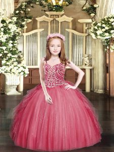 Custom Fit Coral Red Tulle Lace Up Spaghetti Straps Sleeveless Floor Length Kids Pageant Dress Beading and Ruffles