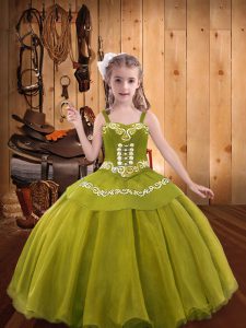 Lovely Olive Green Pageant Dress for Girls Party and Sweet 16 and Quinceanera and Wedding Party with Embroidery and Ruffles Straps Sleeveless Lace Up