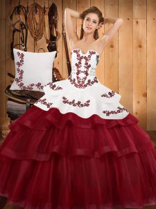 Tulle Strapless Sleeveless Sweep Train Lace Up Embroidery and Ruffled Layers Quinceanera Gowns in Burgundy