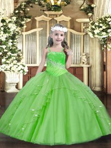 Custom Made Tulle Lace Up Kids Pageant Dress Sleeveless Floor Length Beading and Ruffles and Sequins