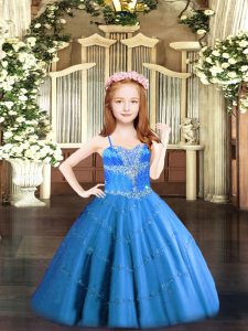 Modern Baby Blue Sleeveless Tulle Lace Up Pageant Dress for Girls for Party and Quinceanera