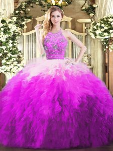 Multi-color Halter Top Neckline Beading and Ruffles Vestidos de Quinceanera Sleeveless Zipper