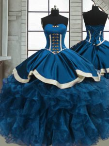 Pretty Sweetheart Sleeveless Quinceanera Gown Floor Length Beading and Ruffles Blue Organza