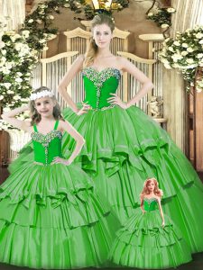 Floor Length Lace Up Ball Gown Prom Dress Green for Military Ball and Sweet 16 and Quinceanera with Beading and Ruffled Layers