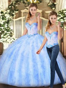 Glorious Lavender Ball Gowns Beading and Ruffles Quinceanera Gowns Lace Up Organza Sleeveless Floor Length