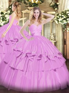 Customized Lilac Ball Gowns Sweetheart Sleeveless Taffeta Floor Length Lace Up Beading and Ruffled Layers Quince Ball Gowns